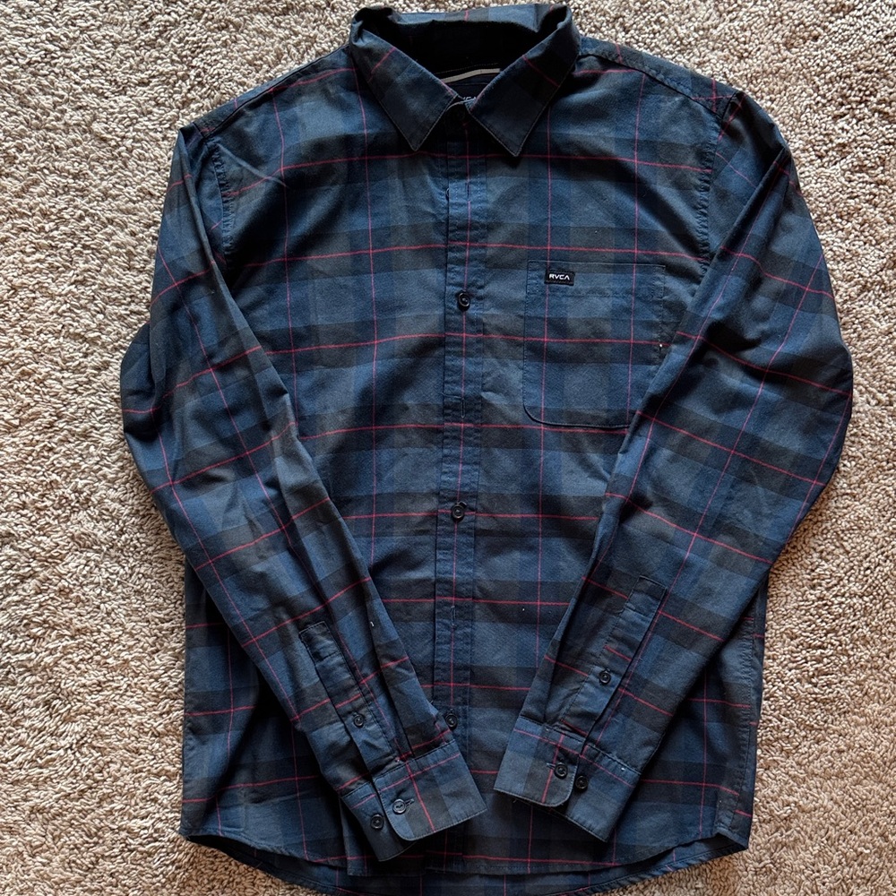 RVCA Men's Navy and Red Plaid Button Down Shirt